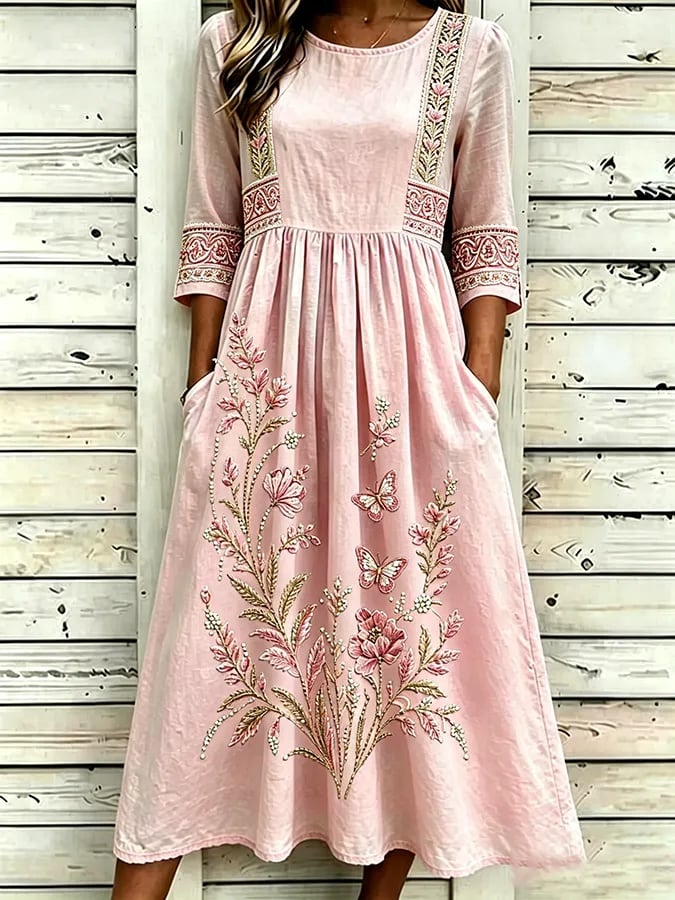 Women's Casual Linen Cotton Floral Plant Dress