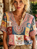 Women's Casual Retro Short-Sleeve Top with Floral Breast Cancer Awareness Print