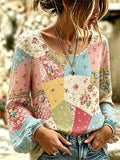 Women's Retro Floral Print Long-Sleeved Top