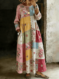 Women's Retro Floral Patchwork Print Casual Long Sleeve Dress