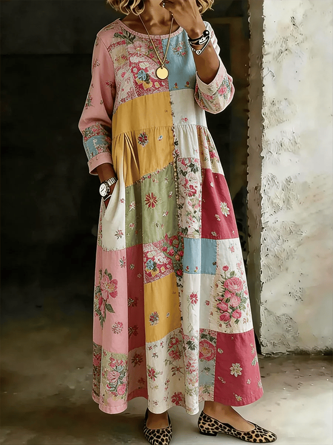 Women's Retro Floral Patchwork Print Casual Long Sleeve Dress