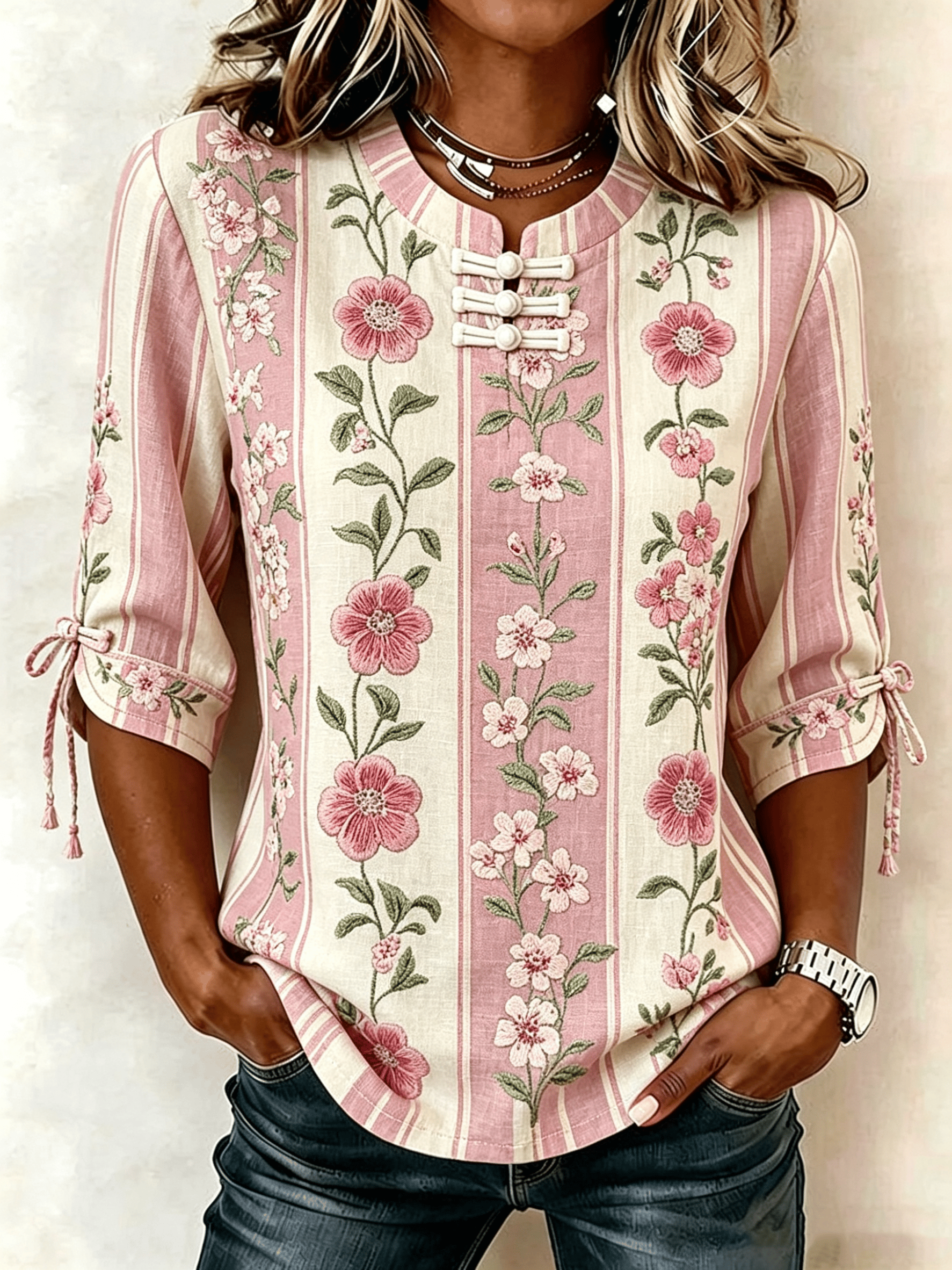 Women's Casual Cotton Linen Botanical Floral Print Blouse