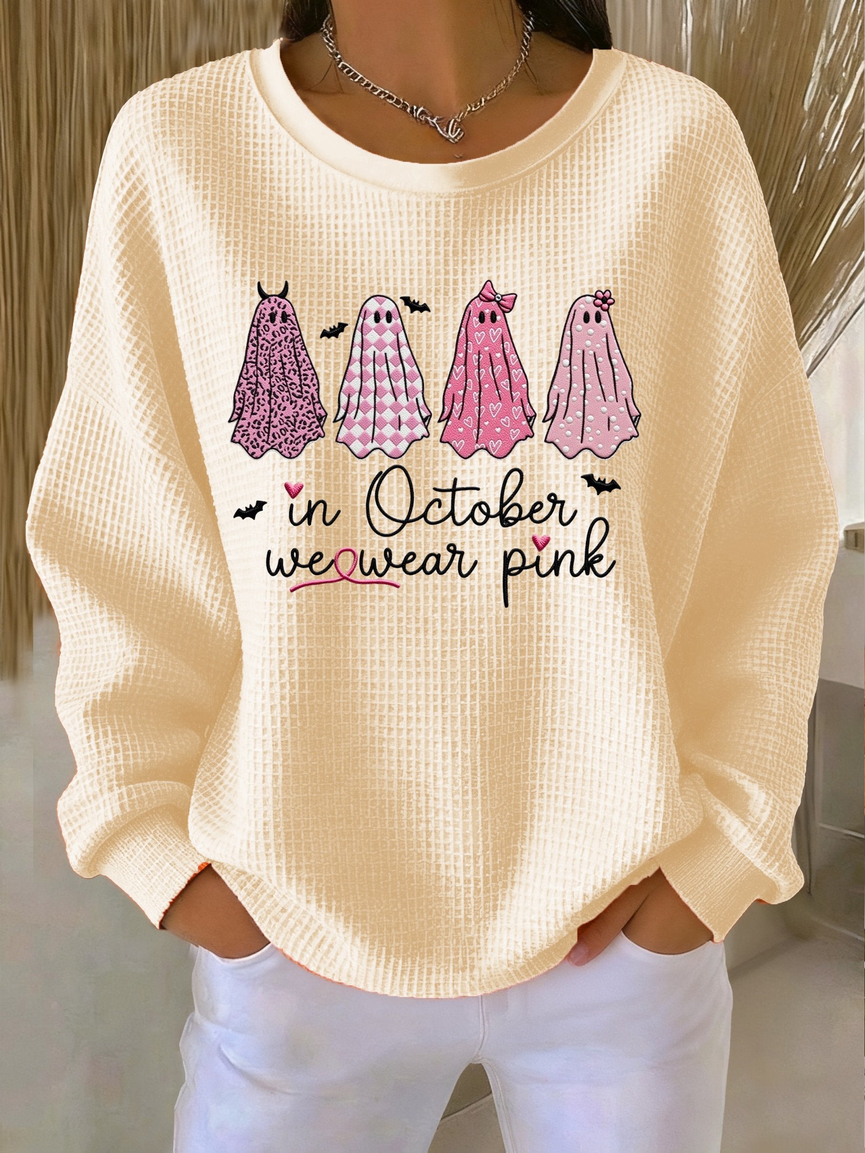 Women's Casual Pink Ghost Breast Cancer Waffle Multicolor Autumn and Winter Sweatshirt
