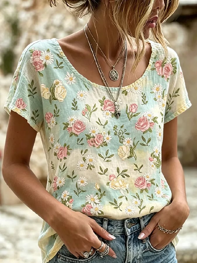 Women's Vintage Floral Breast Cancer Print Top