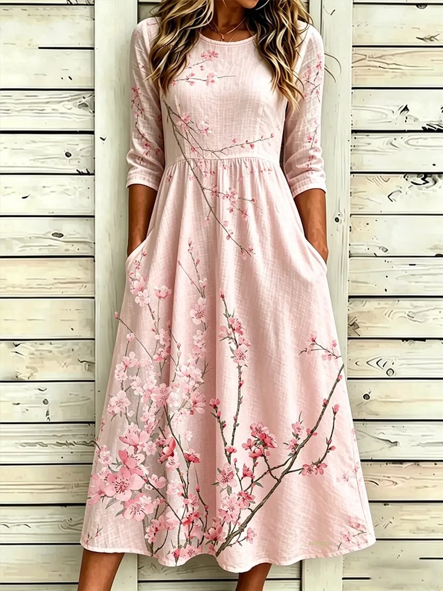 Women's Casual Linen-Cotton Floral Dress