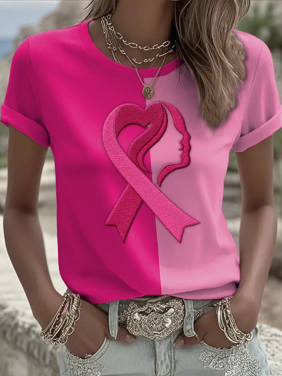 Women's Casual Breast Cancer Love Ribbon Contrast Color T-shirt