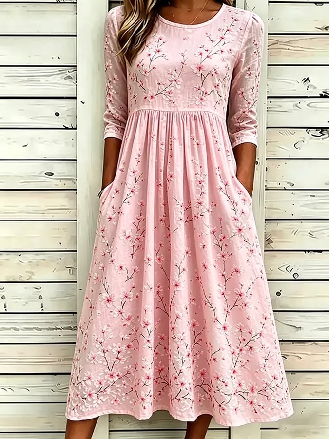 Women's Casual Linen Cotton Floral Plant Dress