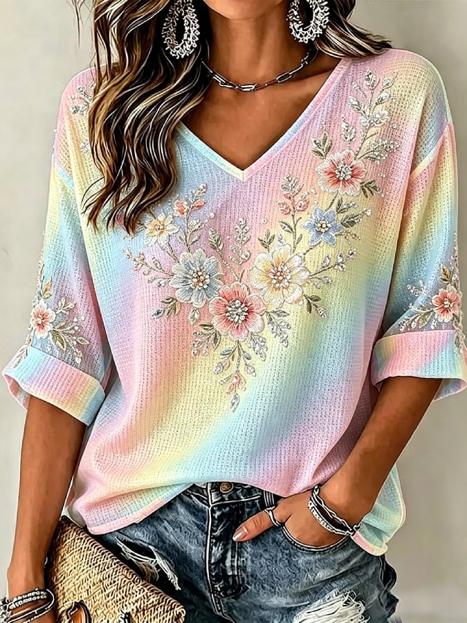 Women's Casual Retro Floral-Print Breast Cancer Awareness T-Shirt
