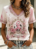 Women's Casual Retro Breast Cancer Awareness "Kick for a Cure" Graphic T-Shirt