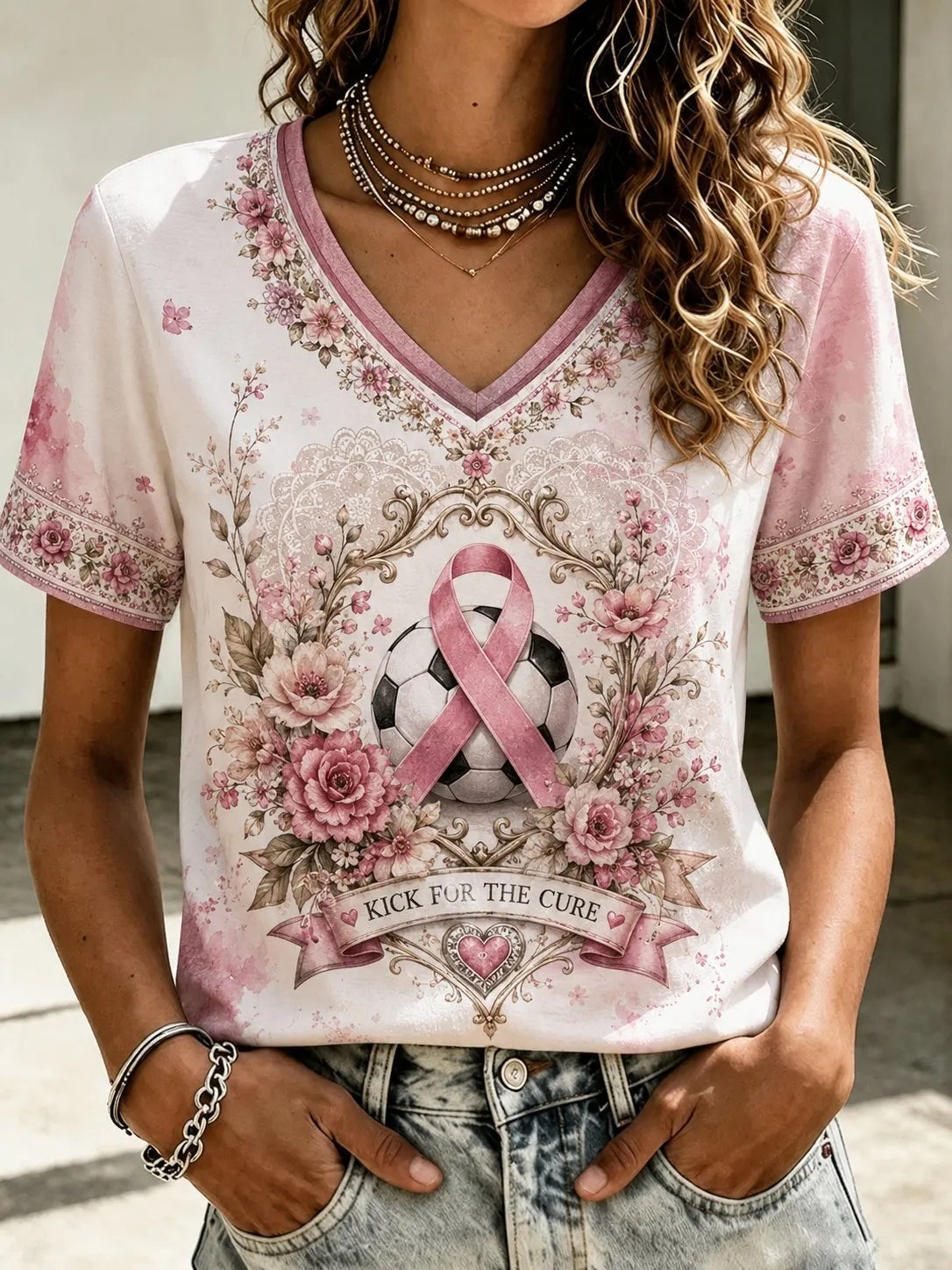 Women's Casual Retro Breast Cancer Awareness "Kick for a Cure" Graphic T-Shirt