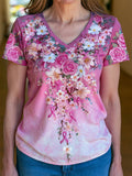 Women's Breast Cancer Awareness Floral Art V-Neck Short-Sleeve T-Shirt