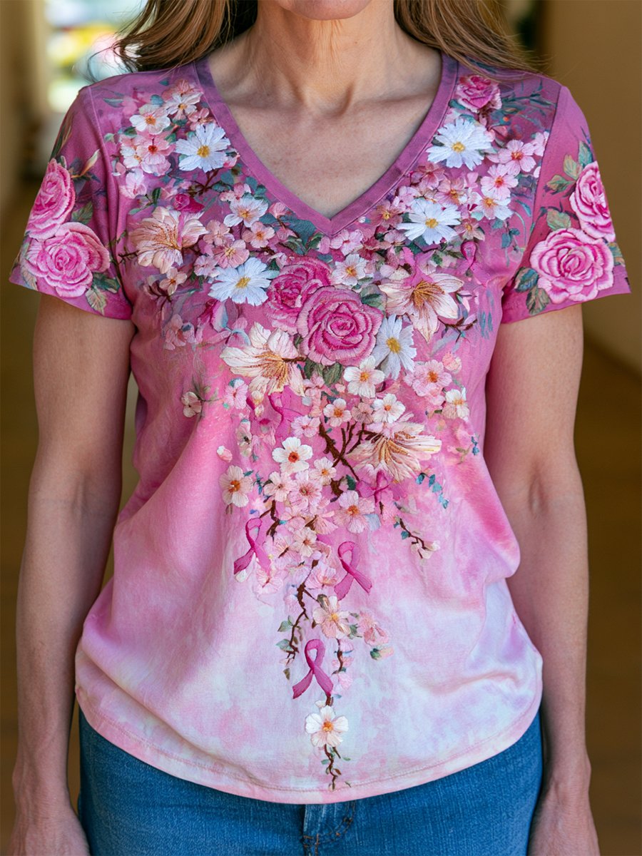 Women's Breast Cancer Awareness Floral Art V-Neck Short-Sleeve T-Shirt