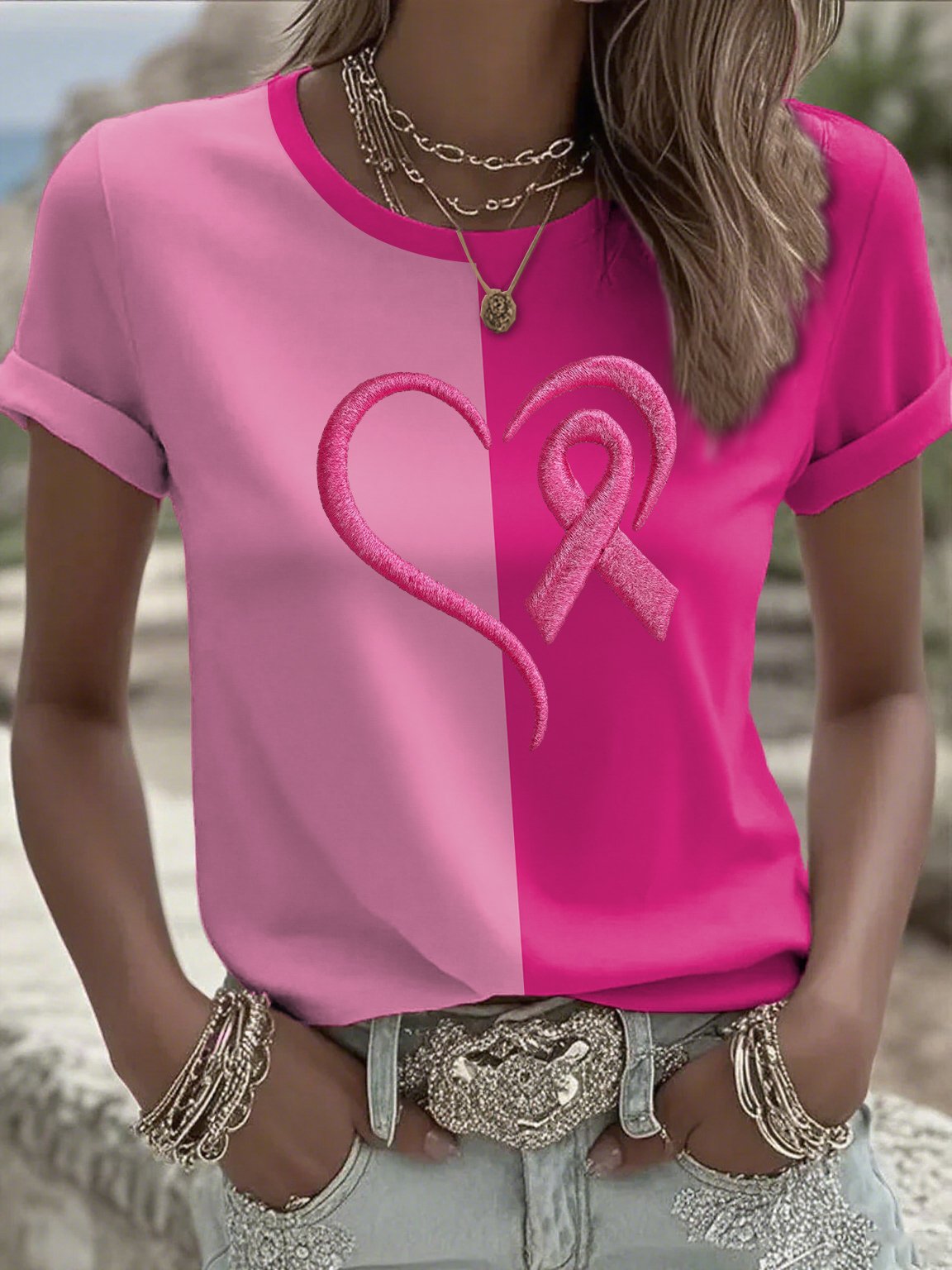 Women's Casual Pink Contrast Ribbon T-Shirt