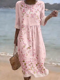 Women's Casual Linen Cotton Floral Plant Dress