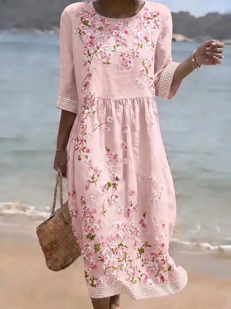 Women's Casual Linen Cotton Floral Plant Dress