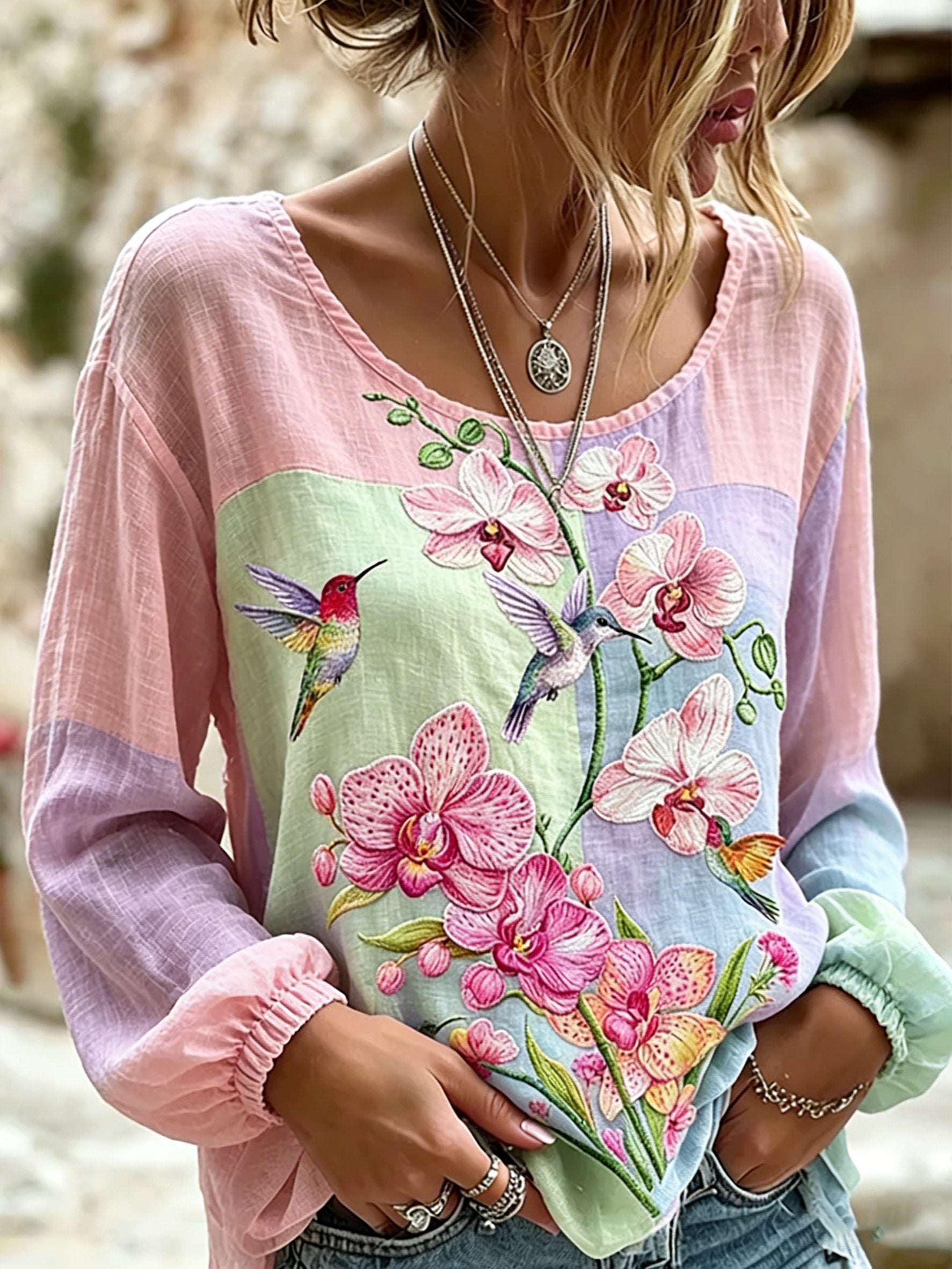 Women's Retro Breast Cancer Floral Print Long-Sleeved Top