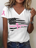 Women's Pink Ribbon Breast Cancer Awareness American Flag V-Neck Tee