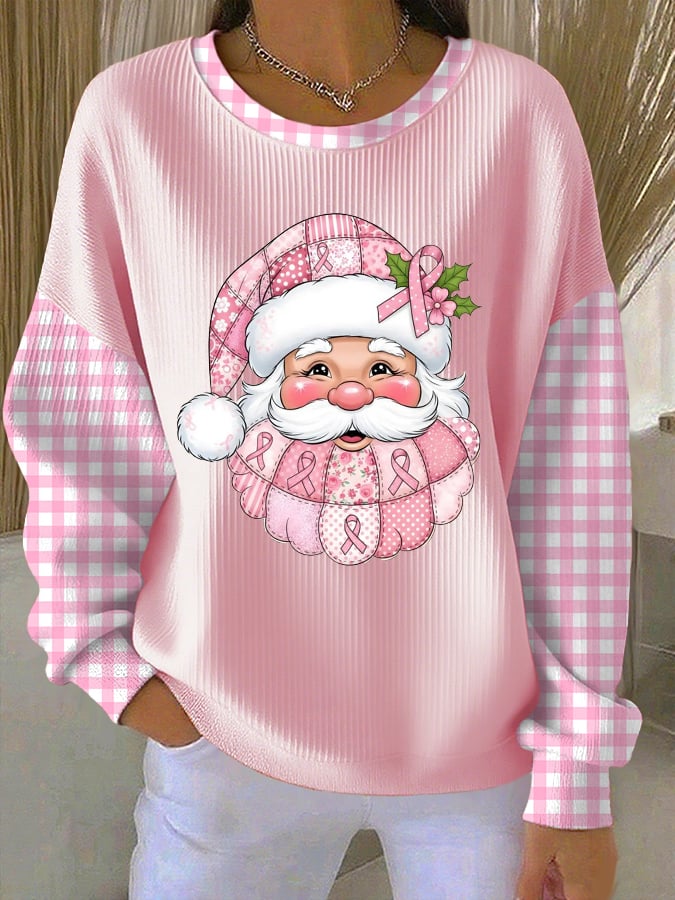 Women's Santa Breast Cancer Awareness Print Casual Long Sleeve Top