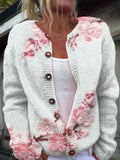 Women's Breast Cancer Pink Flower Print Knitted Cardigan