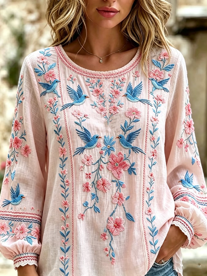 Women's Casual Retro Short-Sleeve Top with Floral Breast Cancer Awareness Print