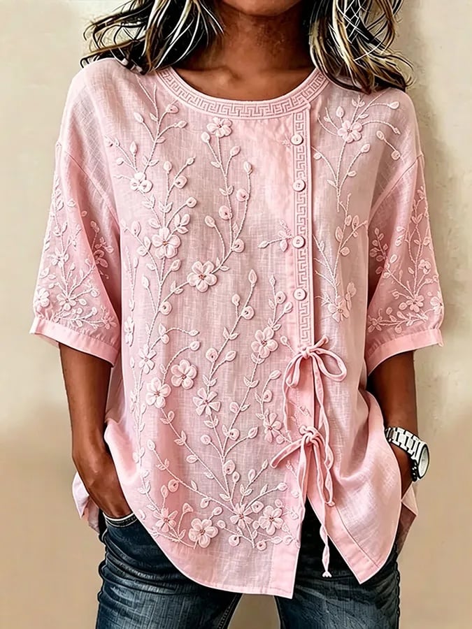 Women's Casual Cotton Linen Botanical Floral Top