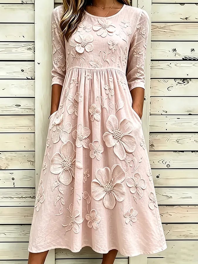 Women's Casual Linen Cotton Floral Plant Dress
