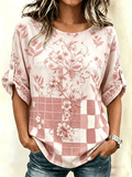 Women's Casual Cotton Linen Botanical Floral Print Blouse