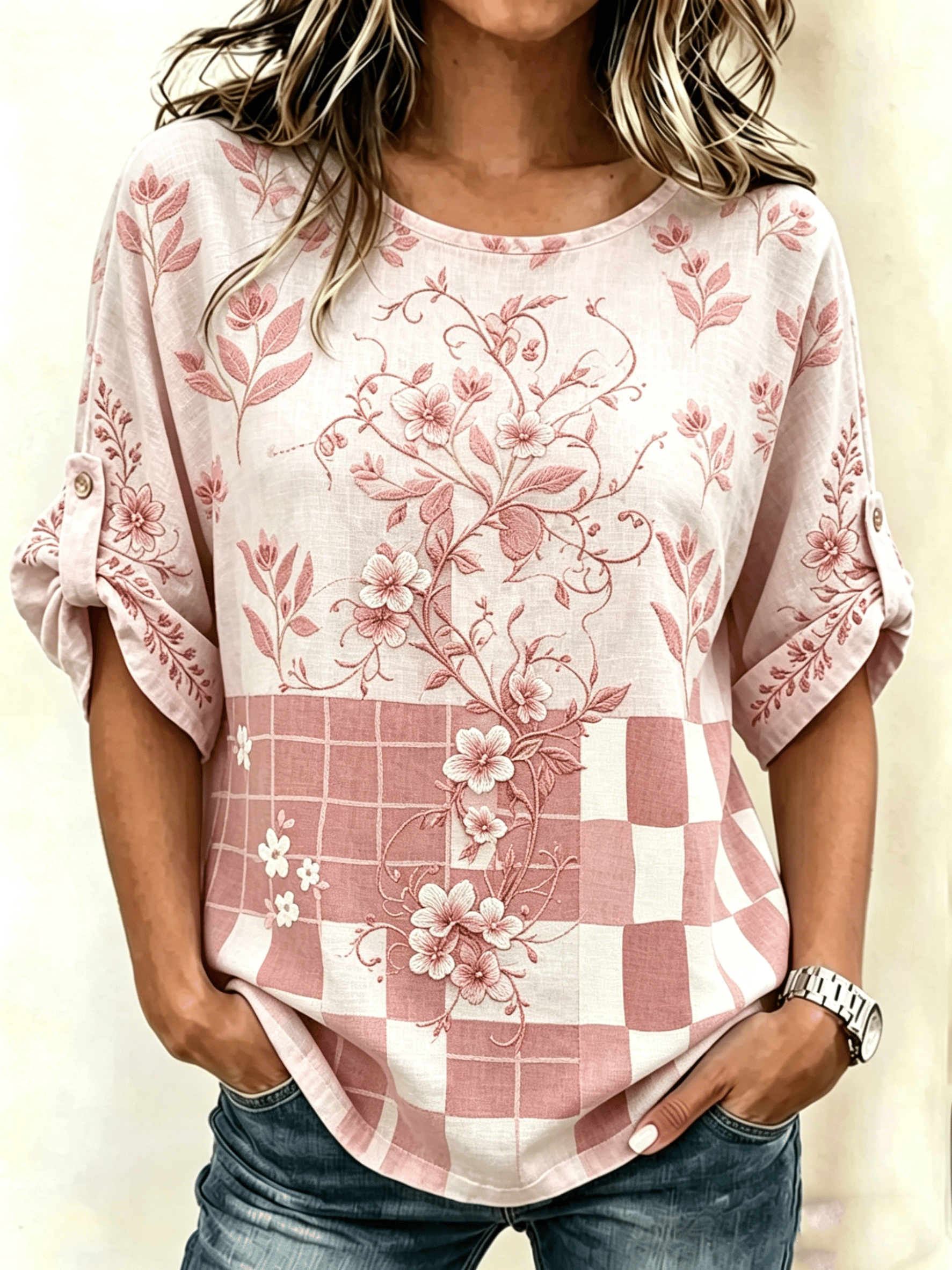 Women's Casual Cotton Linen Botanical Floral Print Blouse