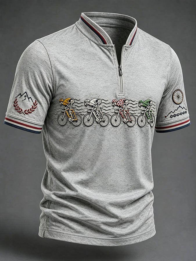 Men's Casual Printed Stand Collar Zip-Up Henley Shirt