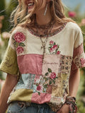 Women's Casual Retro Short-Sleeve Top with Floral Breast Cancer Awareness Print
