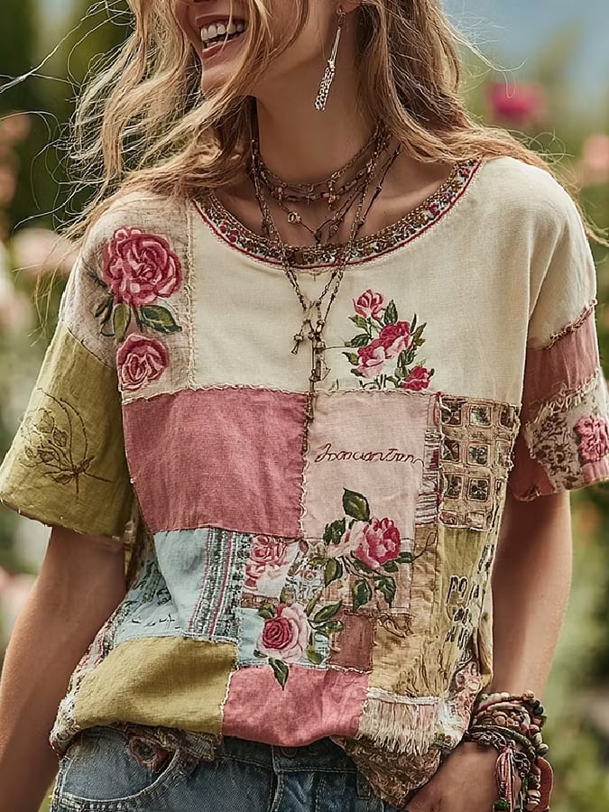 Women's Casual Retro Short-Sleeve Top with Floral Breast Cancer Awareness Print