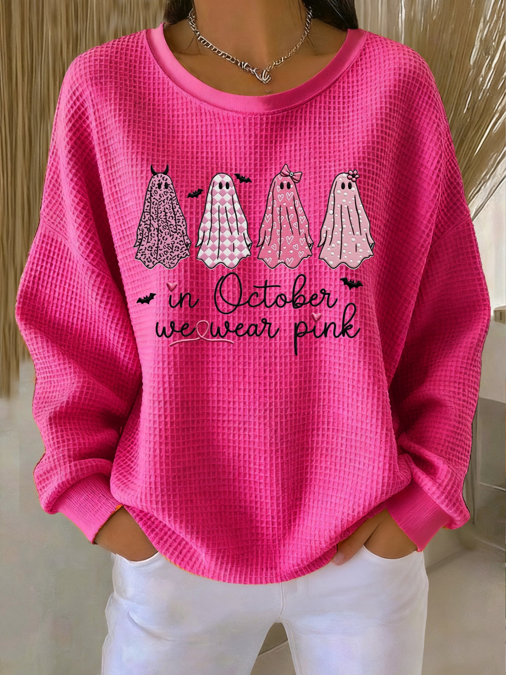 Women's Casual Pink Ghost Breast Cancer Waffle Multicolor Autumn and Winter Sweatshirt