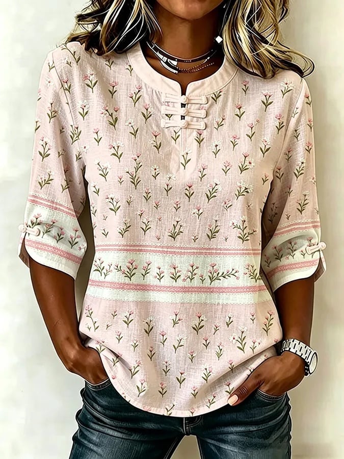 Women's Casual Cotton Linen Botanical Floral Top