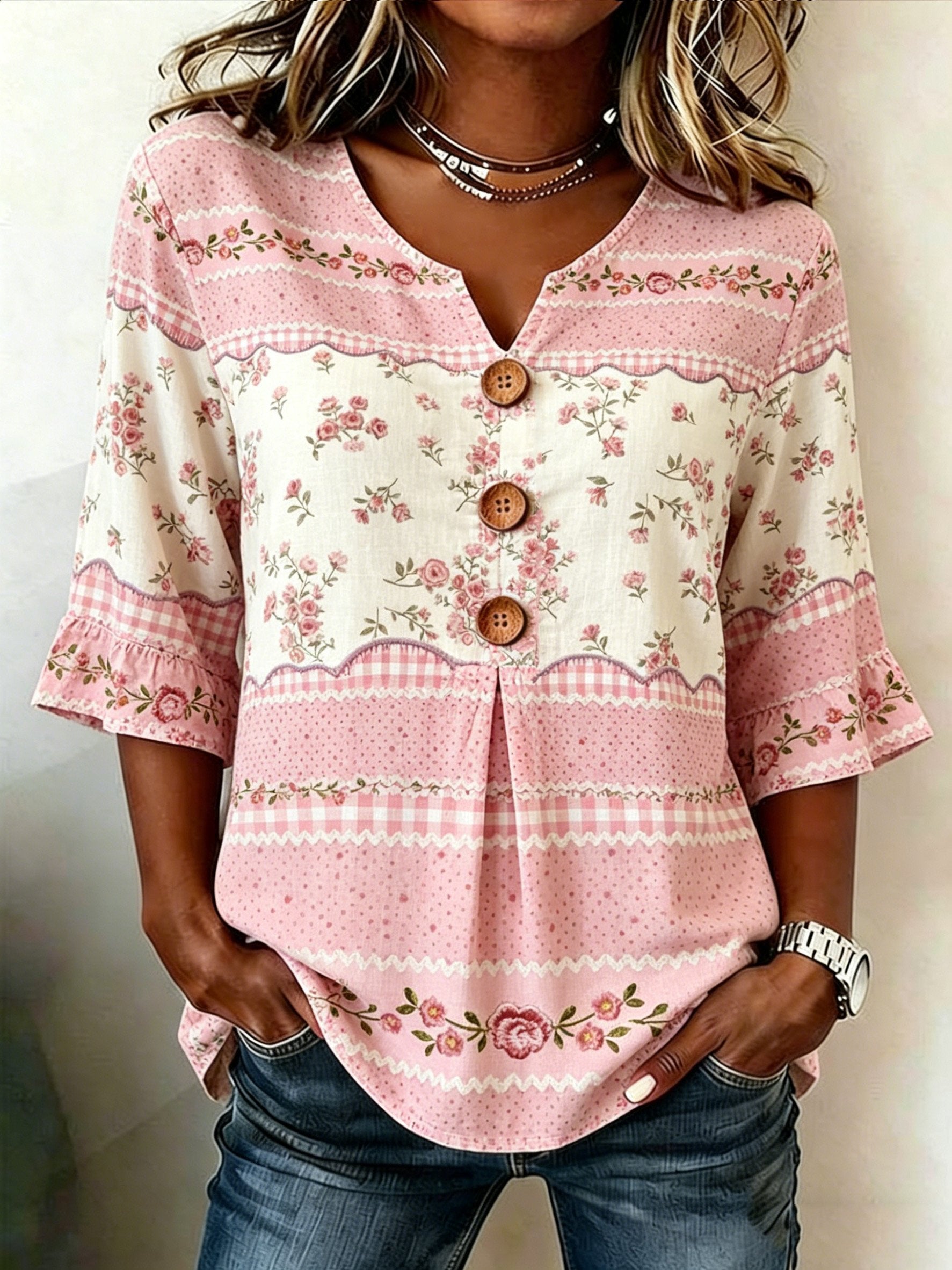 Women's Breast Cancer Awareness Floral Print Casual Top