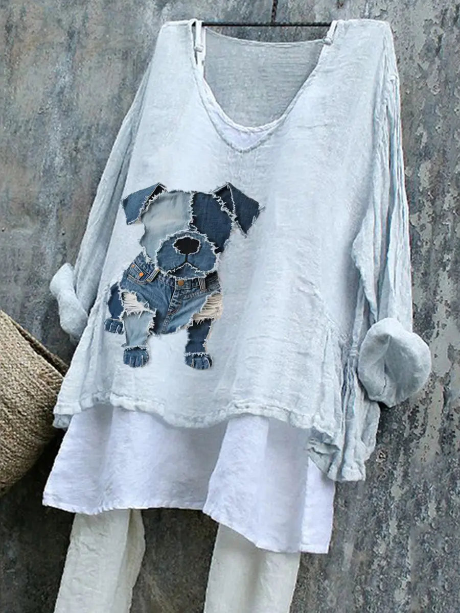Women's Cute Dog Pattern Patchwork Art Linen Shirt