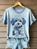 Women's Fluffy Puppy Pattern Patchwork Art T-Shirt