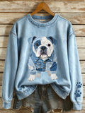 Women's Denim Patchwork Art English Bulldog Pattern Sweatshirt
