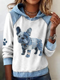 Women's French Bulldog Pattern Denim Patchwork Art Hoodie