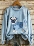 Women's Denim Patchwork Art Pug Dog Pattern Sweatshirt