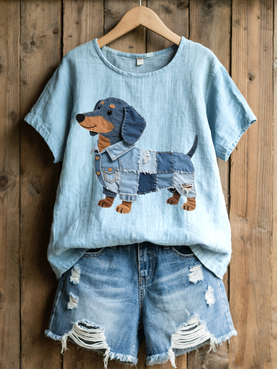 Women's Lovely Dachshund Denim Patchwork Pattern Linen Blend Shirt