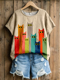 Women's Lovely Cat Art Print Linen Blend T-Shirt