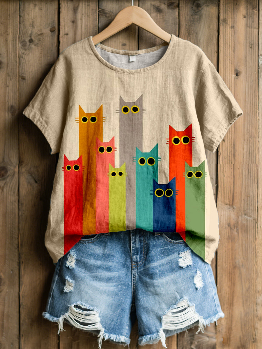 Women's Lovely Cat Art Print Linen Blend T-Shirt