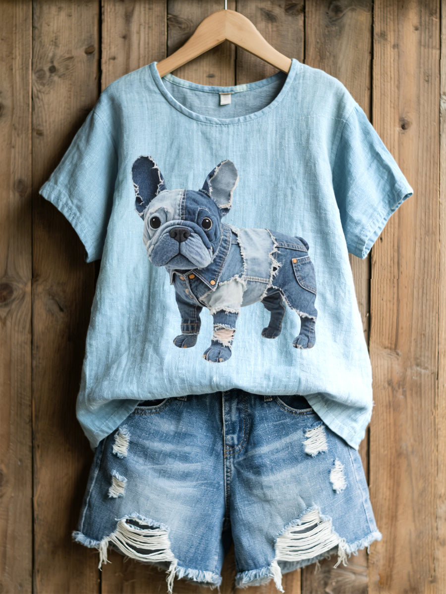 Women's Lovely French Bulldog Denim Patchwork Pattern Linen Blend Shirt