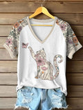 Women's Wildflowers Cat Print Casual T-Shirt