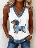 Women's Lovely Dachshund Pattern Denim Patchwork Top