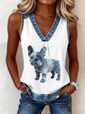 Women's Lovely French Bulldog Pattern Denim Patchwork Top