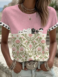 Women's Cute Cats With Floral Graphic Casual Short Sleeve T-shirt
