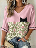 Women's Black Cat With Floral Graphic Casual Mid-length Sleeves V-Neck T-Shirt