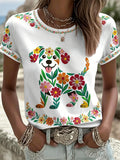 Women's Floral Dog Print Casual Tee