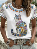 Women's Floral Cats Print Casual Tee